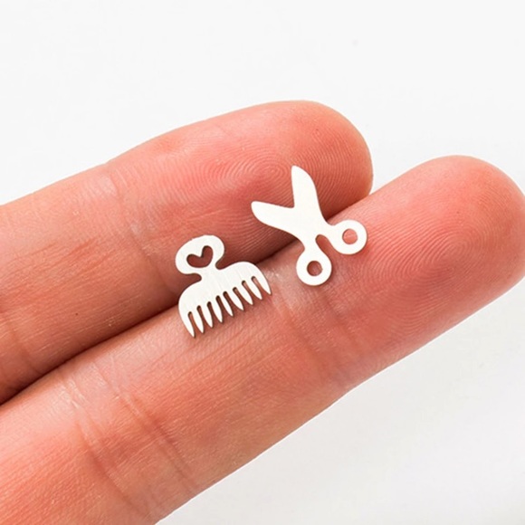 Stainless Steel Comb Scissor Stud Earrings - Picture 2 of 4
